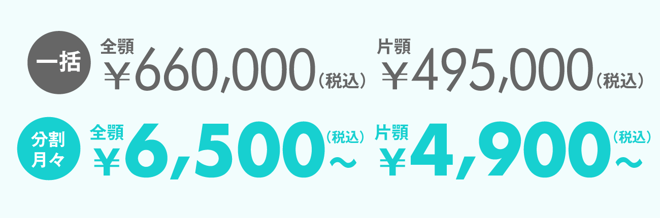 一括：全顎 ￥660,000（税込）、片顎 ￥495,000（税込）　分割：全顎 ￥6,500～（税込）、片顎 ￥4,900～（税込）