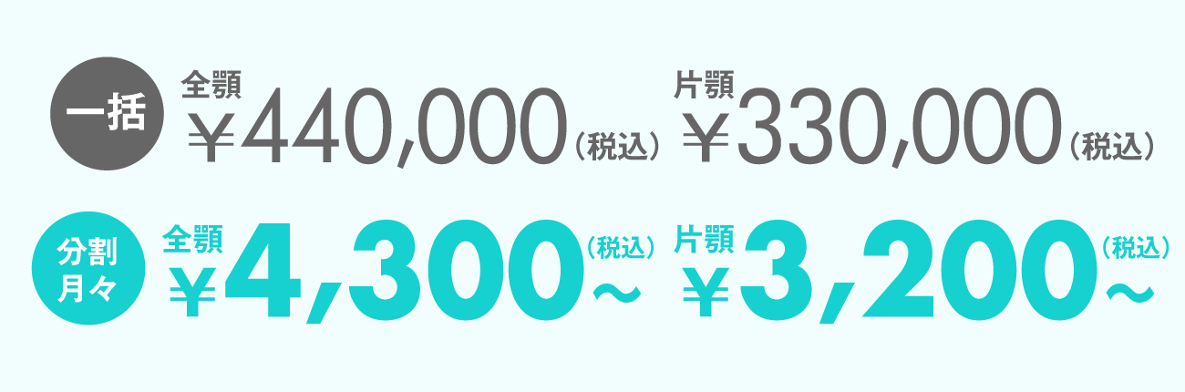 一括：全顎 ￥440,000（税込）、片顎 ￥330,000（税込）　分割：全顎 ￥4,300～（税込）、片顎 ￥3,200～（税込）